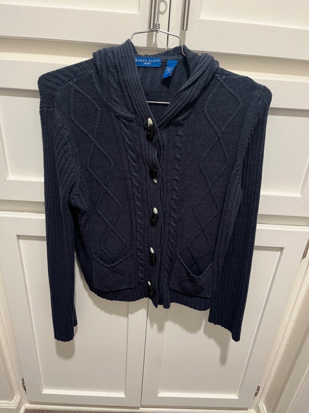 Karen Scott Dark Navy Hooded Cable Knit Button-Up Cardigan vintage ❤️